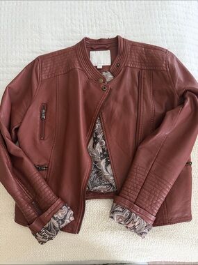 Anthropologie Wine-Red Faux Leather Moto Jacket